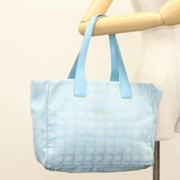 CHANEL New Travel line Tote Bag Nylon Light Blue Silver CC Auth - Picture 15 of 16